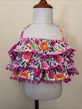 Cheeky Plum Clothing Swim Floral Ruffle Bikini Top with Pink Pom-Pom Trim Size 8